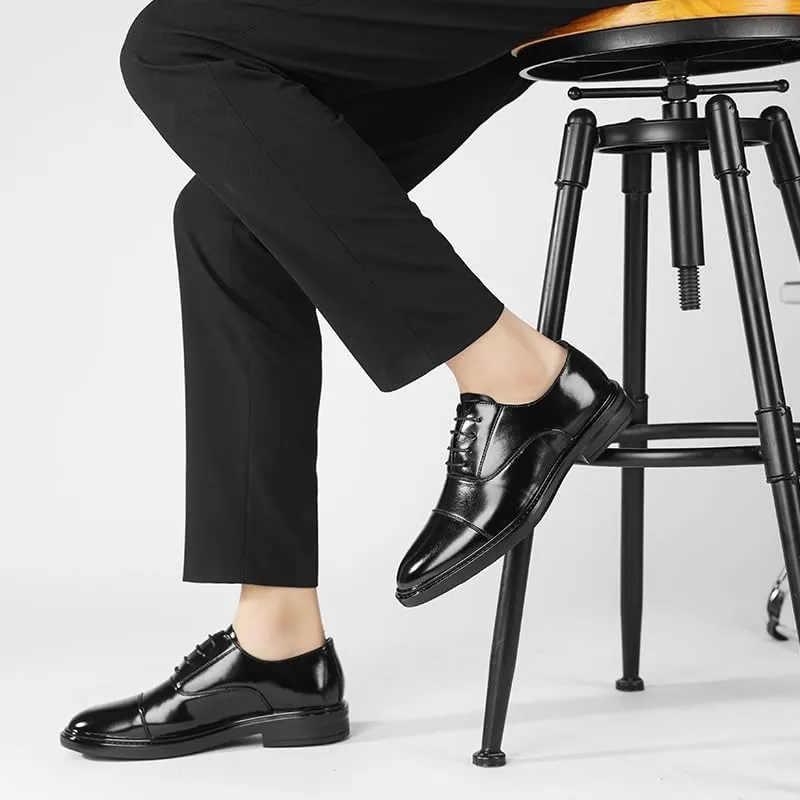 Shoes Dress Oxford for Men Lace Up Round Burnished Toe Vegan Leather Cap Toe Block Heel Slip Resistant Rubber Sole Business