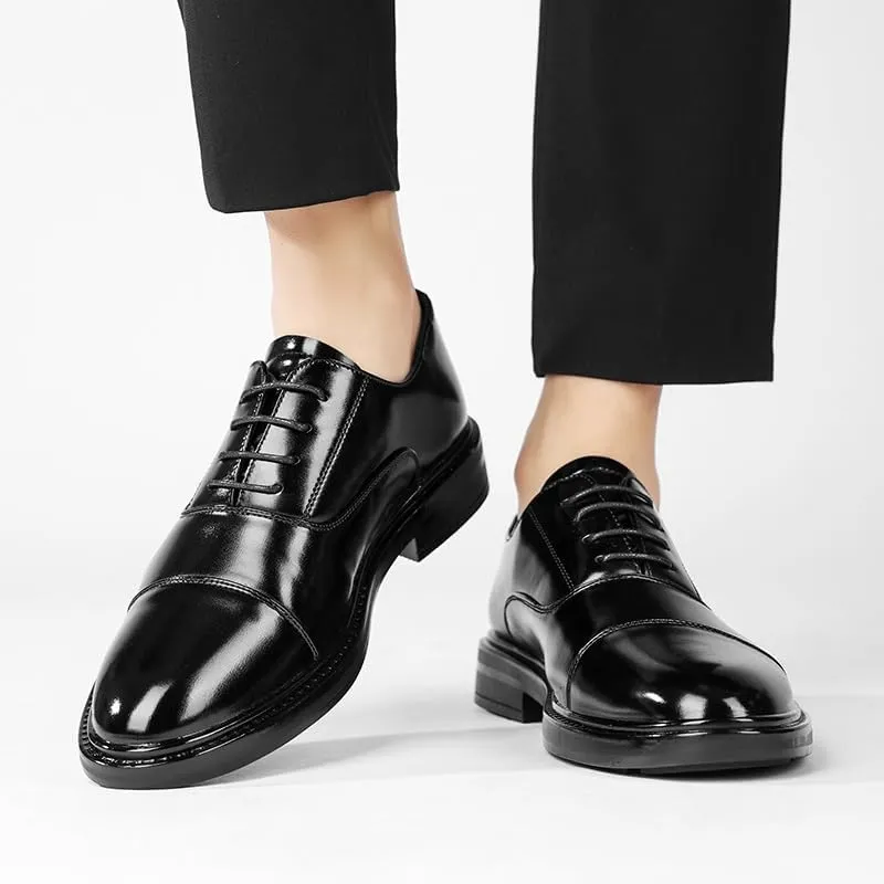 Shoes Dress Oxford for Men Lace Up Round Burnished Toe Vegan Leather Cap Toe Block Heel Slip Resistant Rubber Sole Business