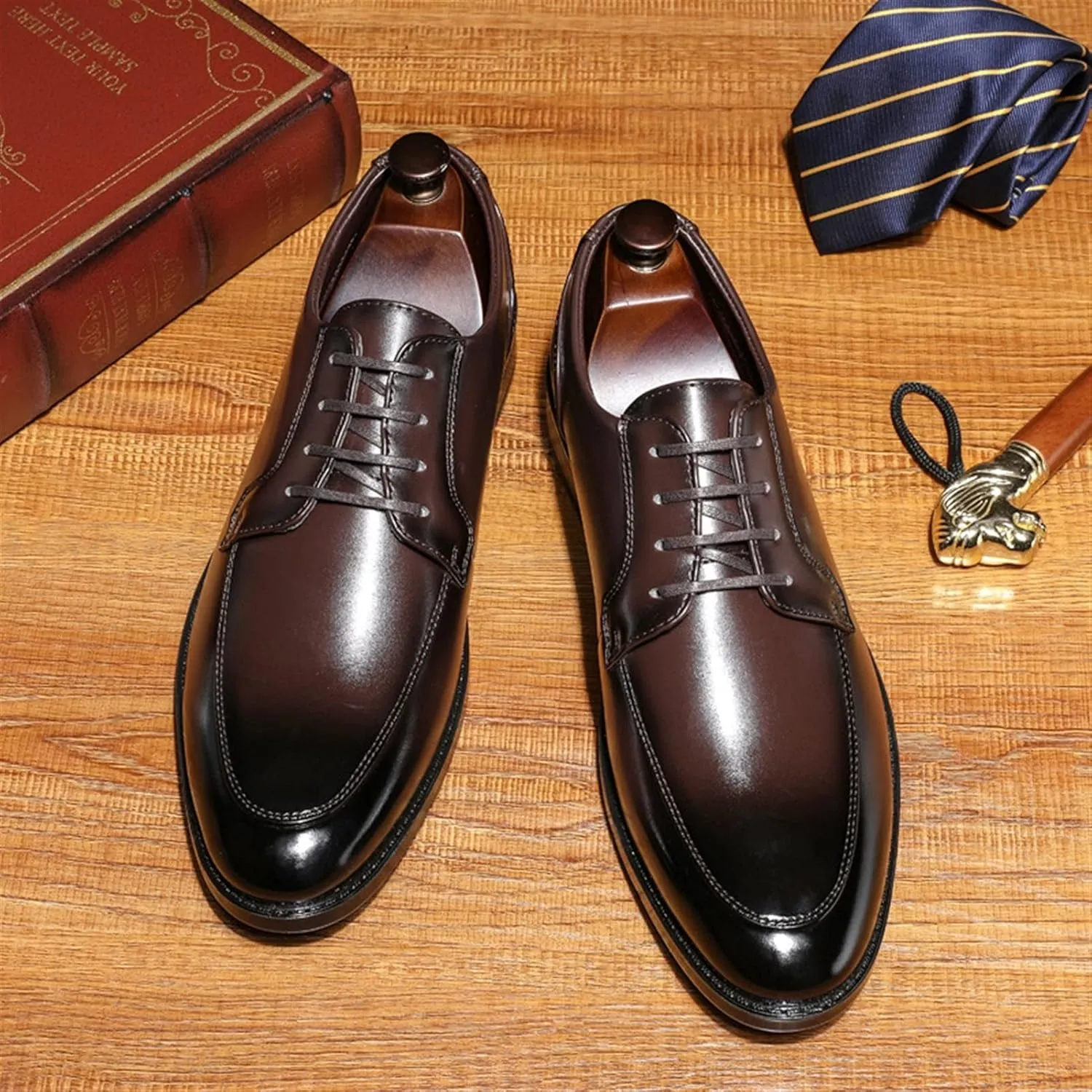 Single Season Formal Oxford Shoes for Men Lace Up Apron Toe Black Burnished Toe Vegan Leather Rubber Sole Slip Resistant Low Top Party Very Popular Among Young People