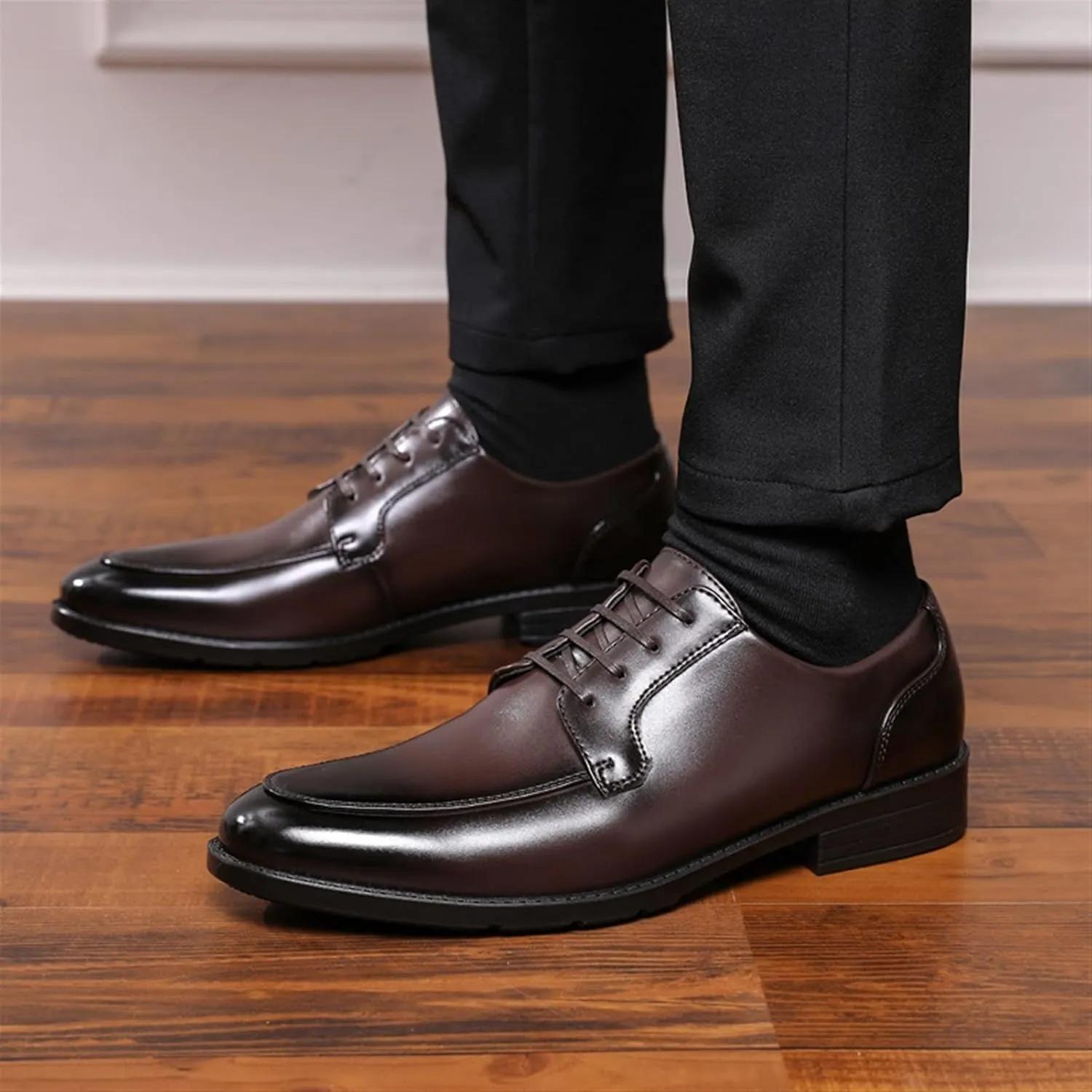 Single Season Formal Oxford Shoes for Men Lace Up Apron Toe Black Burnished Toe Vegan Leather Rubber Sole Slip Resistant Low Top Party Very Popular Among Young People