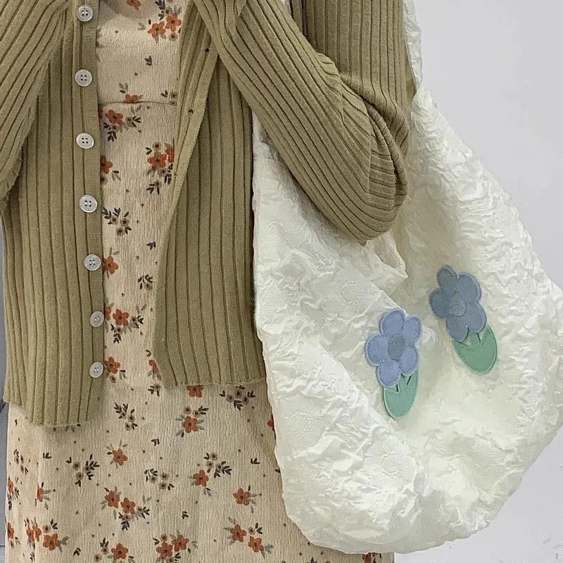 Sohiwoo Designer Aesthetic Womens Shoulder Bag Literary Lightweight Korean Style Fashion Tote Bag Cute Sweet Flower Female Handbag