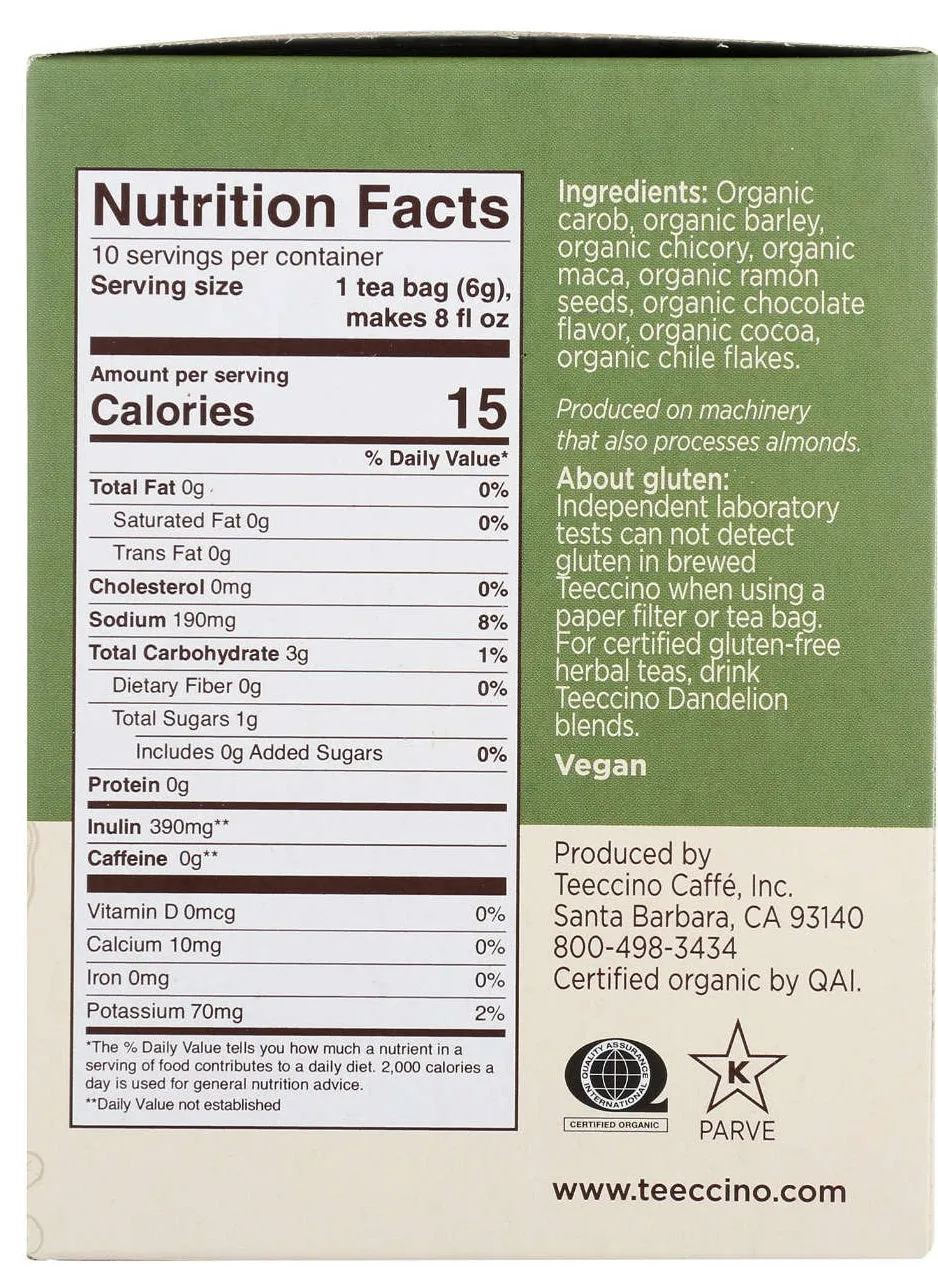 Teeccino Roasted Herbal Tea Maca Chocolate Organic 10ct