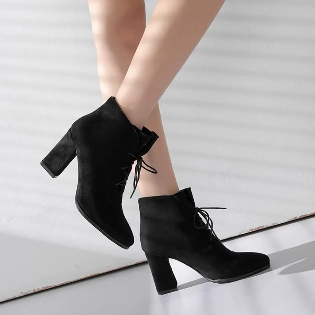 VOKLIN Women's Pointed Toe Lace Up Dressy Ankle Boots Vegan Suede Chunky Block High Heel Dress Short Booties