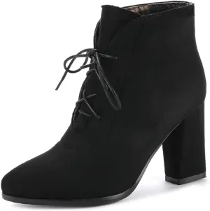 VOKLIN Women's Pointed Toe Lace Up Dressy Ankle Boots Vegan Suede Chunky Block High Heel Dress Short Booties
