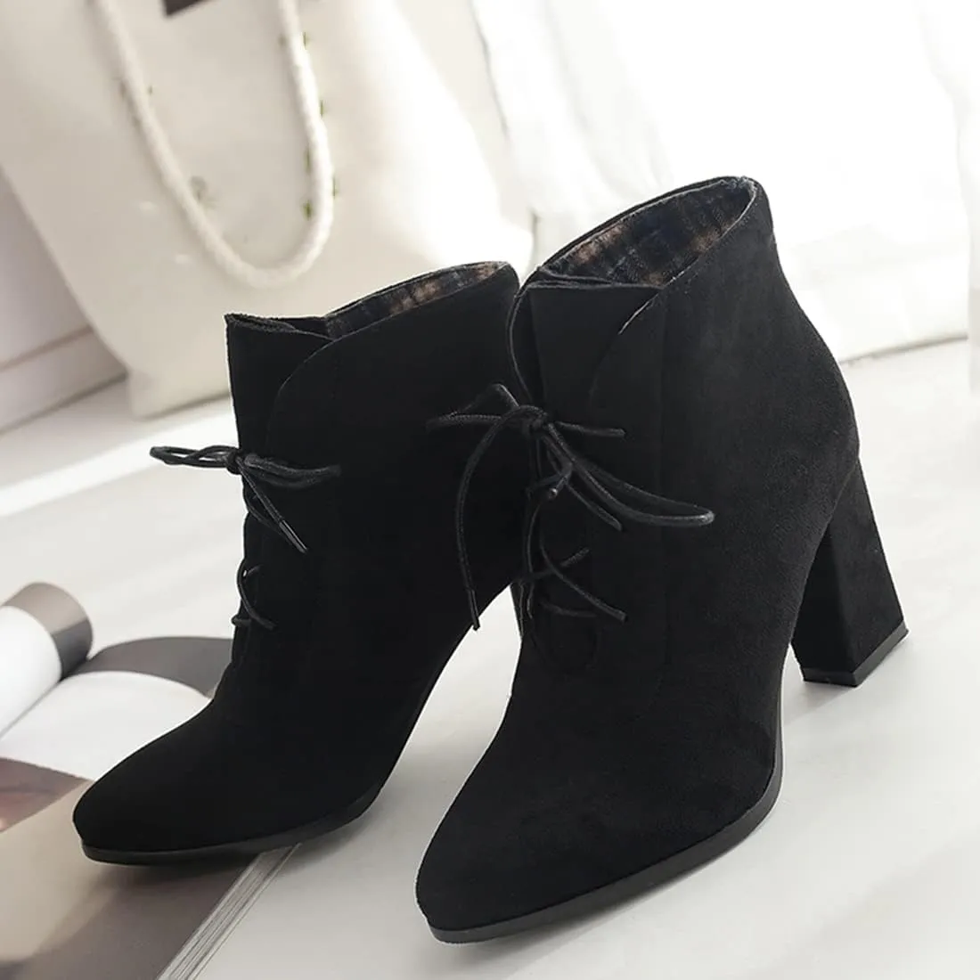 VOKLIN Women's Pointed Toe Lace Up Dressy Ankle Boots Vegan Suede Chunky Block High Heel Dress Short Booties