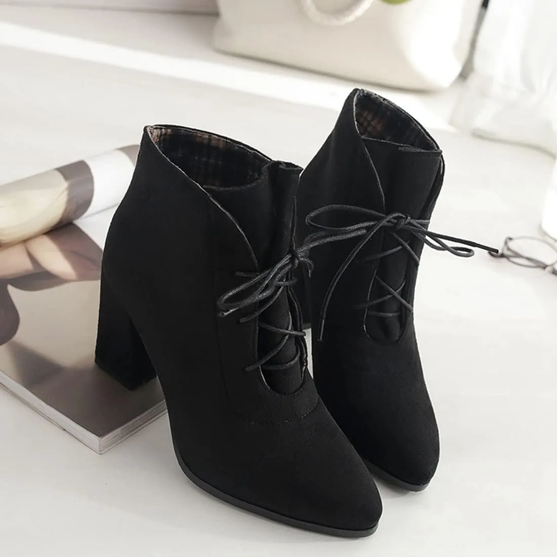 VOKLIN Women's Pointed Toe Lace Up Dressy Ankle Boots Vegan Suede Chunky Block High Heel Dress Short Booties