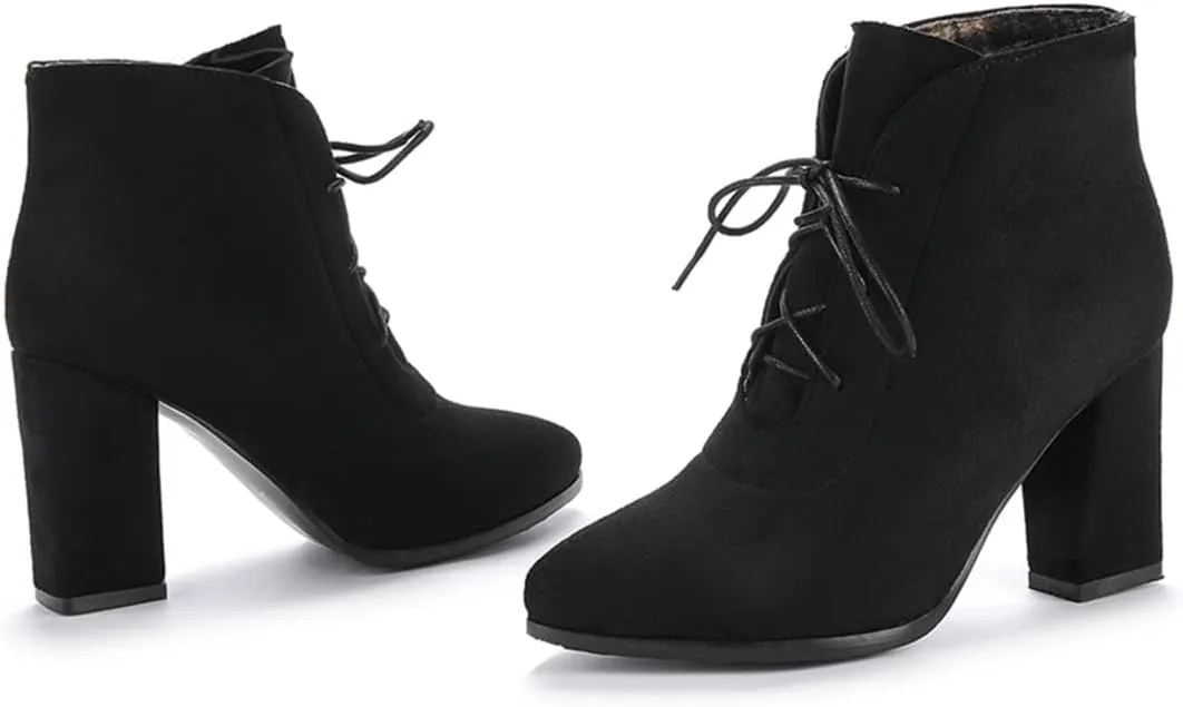 VOKLIN Women's Pointed Toe Lace Up Dressy Ankle Boots Vegan Suede Chunky Block High Heel Dress Short Booties