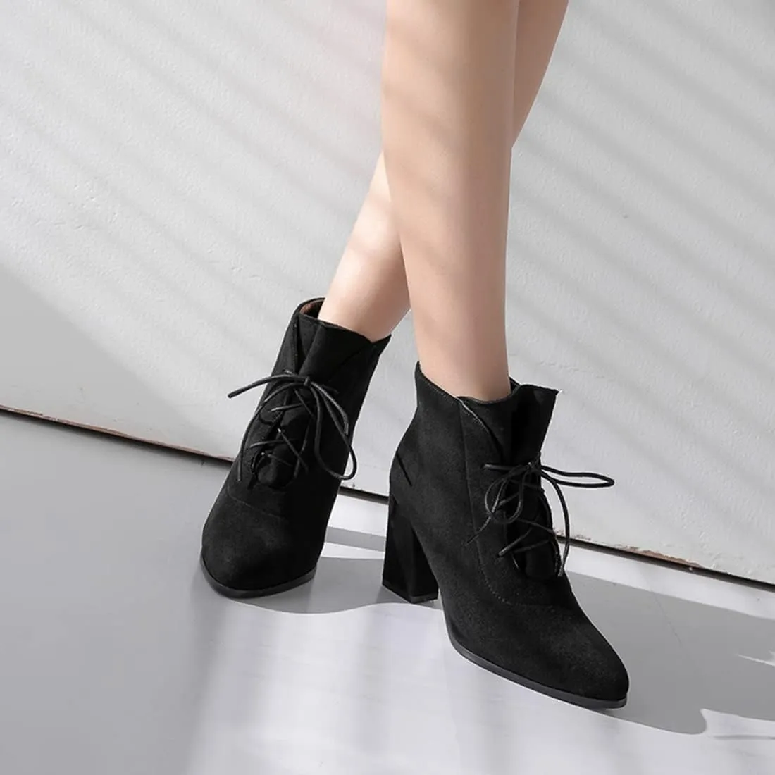 VOKLIN Women's Pointed Toe Lace Up Dressy Ankle Boots Vegan Suede Chunky Block High Heel Dress Short Booties