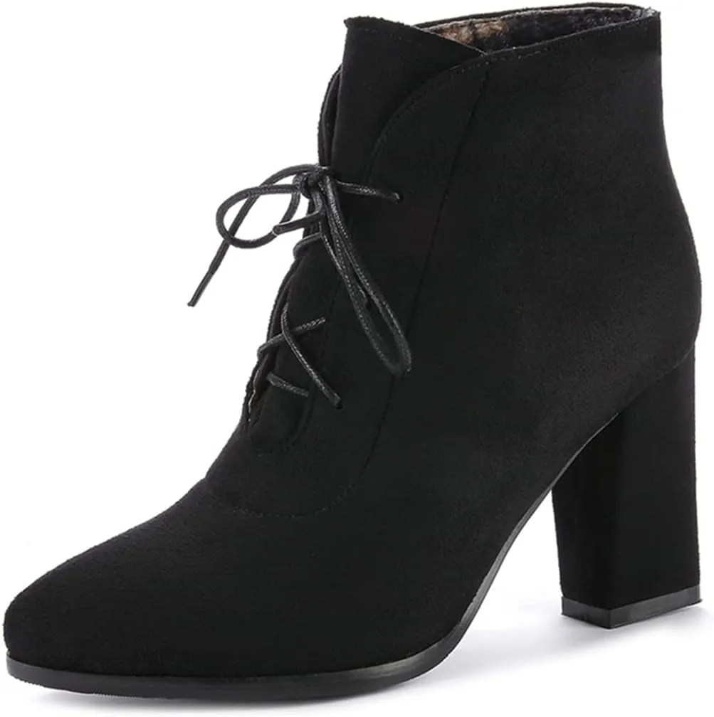 VOKLIN Women's Pointed Toe Lace Up Dressy Ankle Boots Vegan Suede Chunky Block High Heel Dress Short Booties