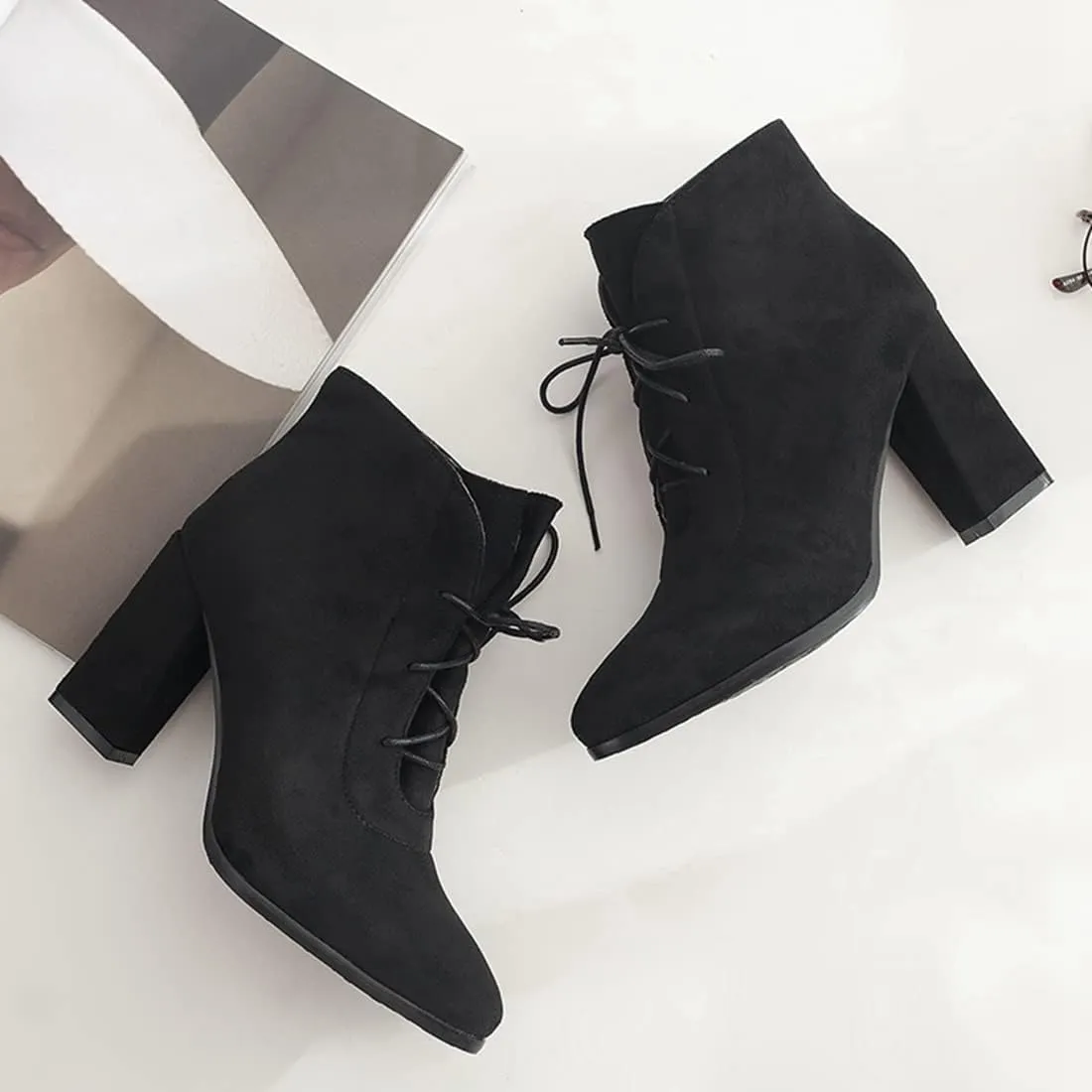 VOKLIN Women's Pointed Toe Lace Up Dressy Ankle Boots Vegan Suede Chunky Block High Heel Dress Short Booties
