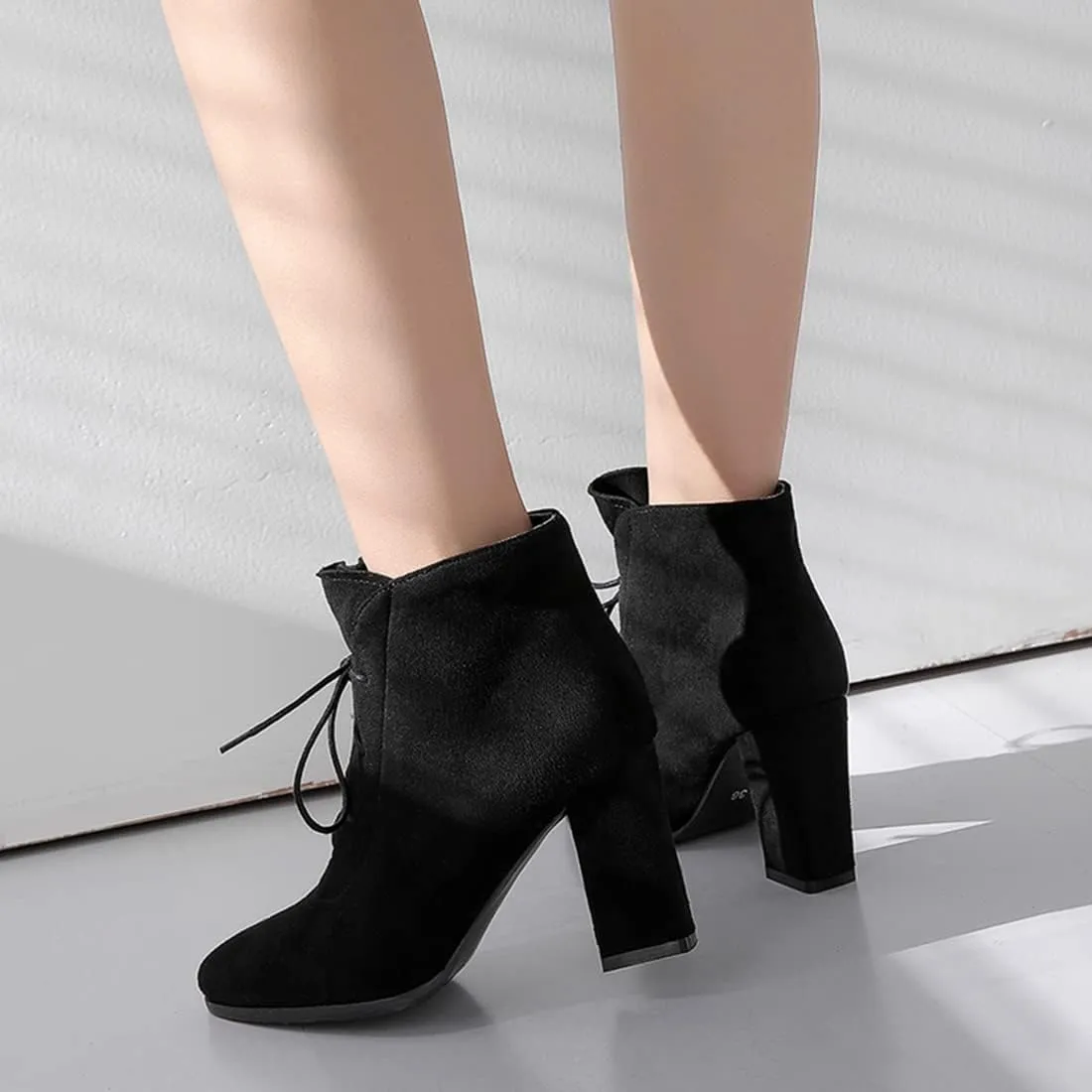 VOKLIN Women's Pointed Toe Lace Up Dressy Ankle Boots Vegan Suede Chunky Block High Heel Dress Short Booties