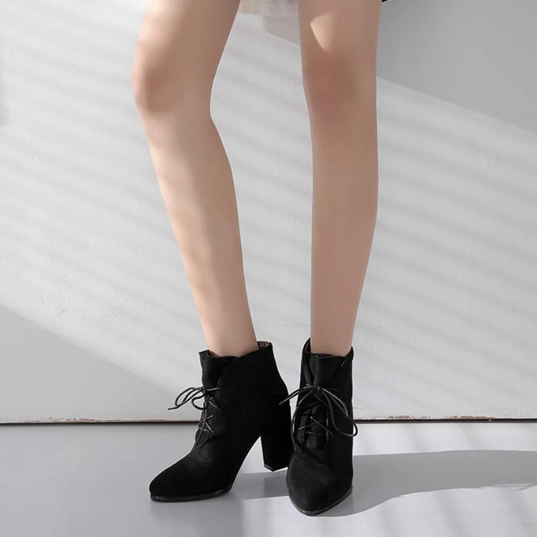 VOKLIN Women's Pointed Toe Lace Up Dressy Ankle Boots Vegan Suede Chunky Block High Heel Dress Short Booties