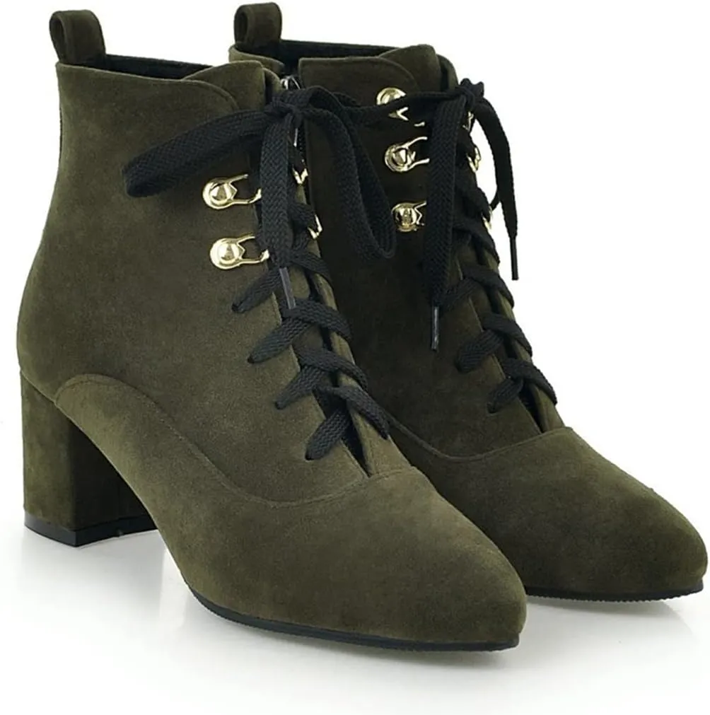 VOKLIN Women's Pointed Toe Lace Up Dressy Ankle Boots Vegan Suede Zipper Block Mid Heel Dress Short Booties
