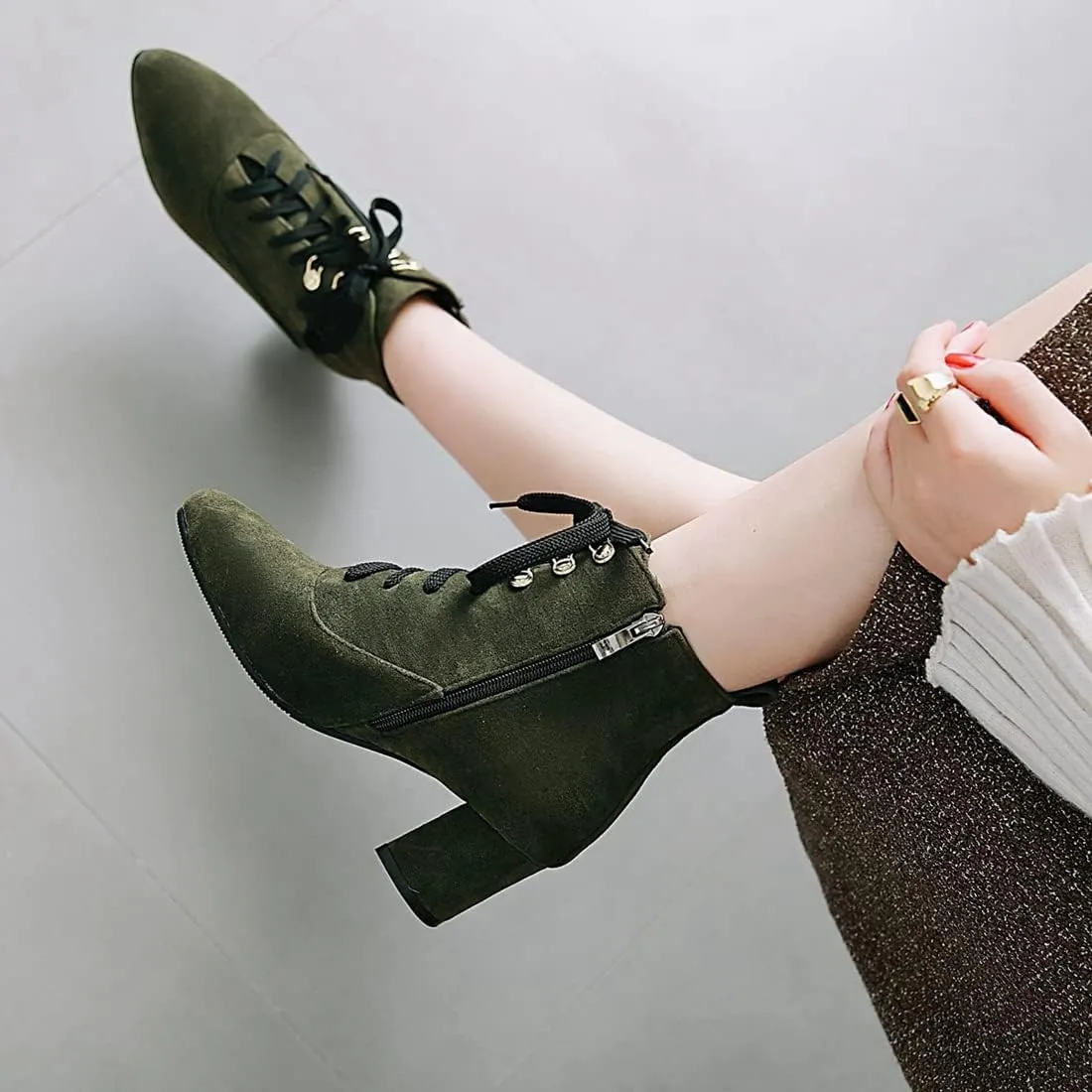 VOKLIN Women's Pointed Toe Lace Up Dressy Ankle Boots Vegan Suede Zipper Block Mid Heel Dress Short Booties