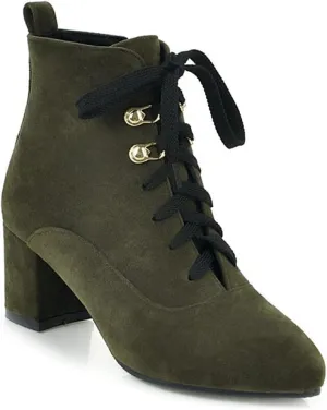 VOKLIN Women's Pointed Toe Lace Up Dressy Ankle Boots Vegan Suede Zipper Block Mid Heel Dress Short Booties