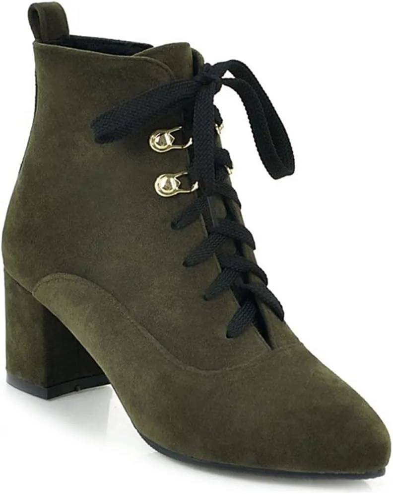 VOKLIN Women's Pointed Toe Lace Up Dressy Ankle Boots Vegan Suede Zipper Block Mid Heel Dress Short Booties