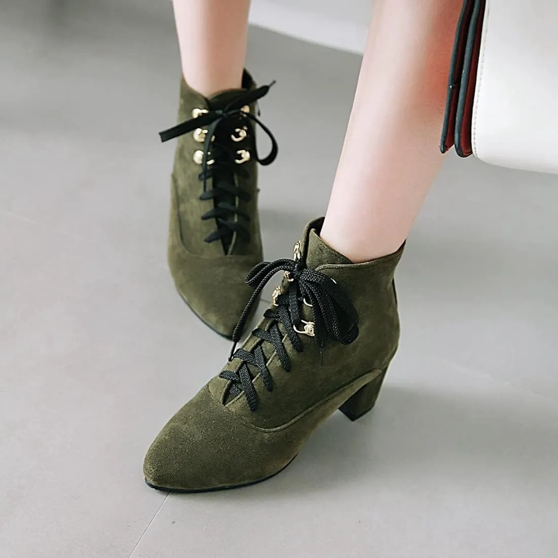 VOKLIN Women's Pointed Toe Lace Up Dressy Ankle Boots Vegan Suede Zipper Block Mid Heel Dress Short Booties