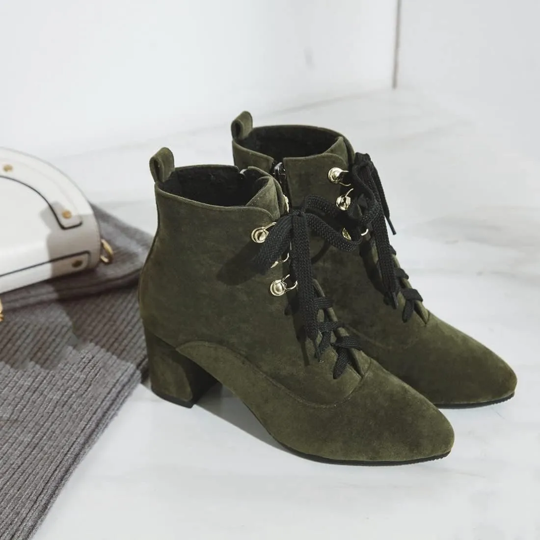 VOKLIN Women's Pointed Toe Lace Up Dressy Ankle Boots Vegan Suede Zipper Block Mid Heel Dress Short Booties