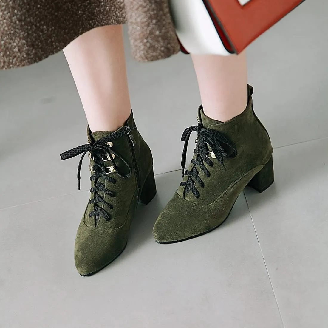 VOKLIN Women's Pointed Toe Lace Up Dressy Ankle Boots Vegan Suede Zipper Block Mid Heel Dress Short Booties