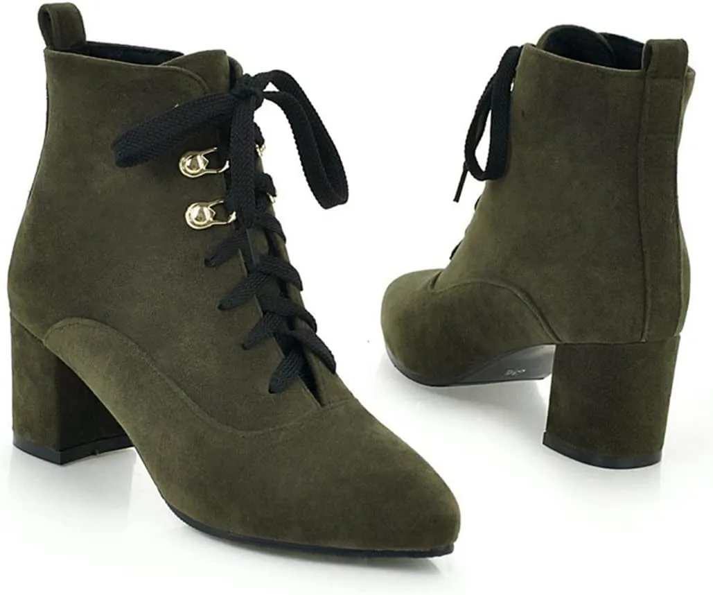 VOKLIN Women's Pointed Toe Lace Up Dressy Ankle Boots Vegan Suede Zipper Block Mid Heel Dress Short Booties