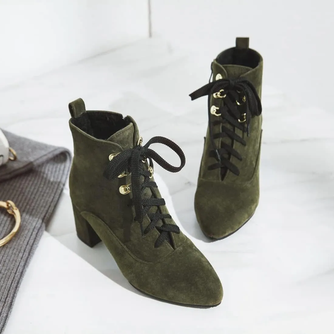 VOKLIN Women's Pointed Toe Lace Up Dressy Ankle Boots Vegan Suede Zipper Block Mid Heel Dress Short Booties