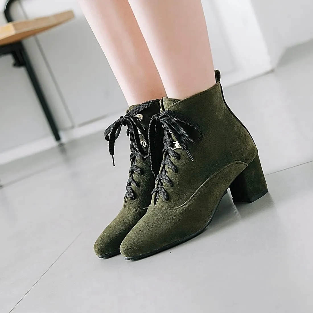 VOKLIN Women's Pointed Toe Lace Up Dressy Ankle Boots Vegan Suede Zipper Block Mid Heel Dress Short Booties