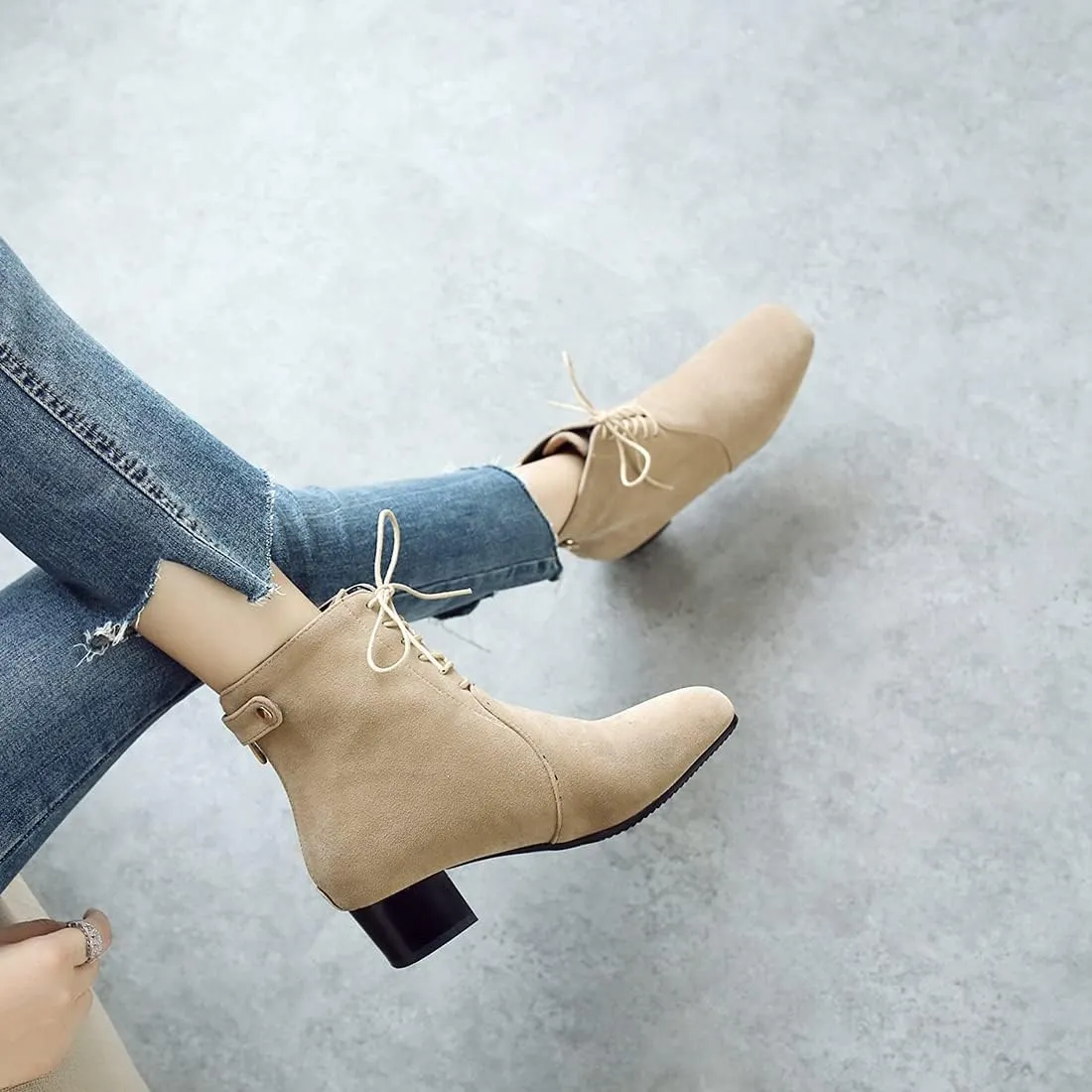 VOKLIN Women's Square Toe Elegant Dressy Ankle Boots Vegan Suede Lace Up Block Low Heel Dress Short Booties