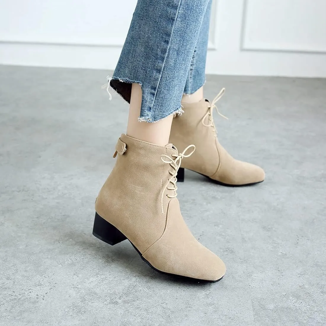 VOKLIN Women's Square Toe Elegant Dressy Ankle Boots Vegan Suede Lace Up Block Low Heel Dress Short Booties