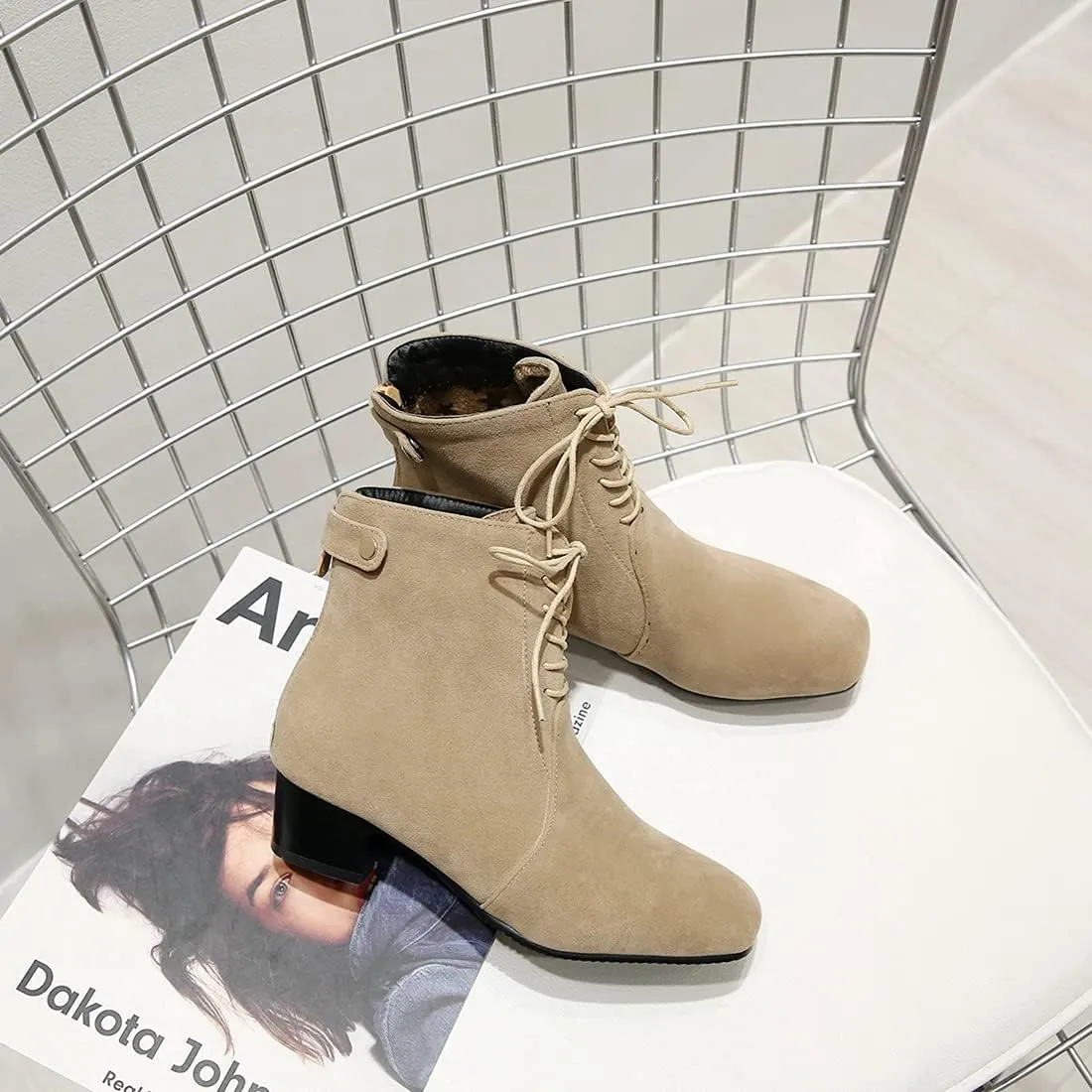VOKLIN Women's Square Toe Elegant Dressy Ankle Boots Vegan Suede Lace Up Block Low Heel Dress Short Booties