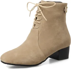 VOKLIN Women's Square Toe Elegant Dressy Ankle Boots Vegan Suede Lace Up Block Low Heel Dress Short Booties