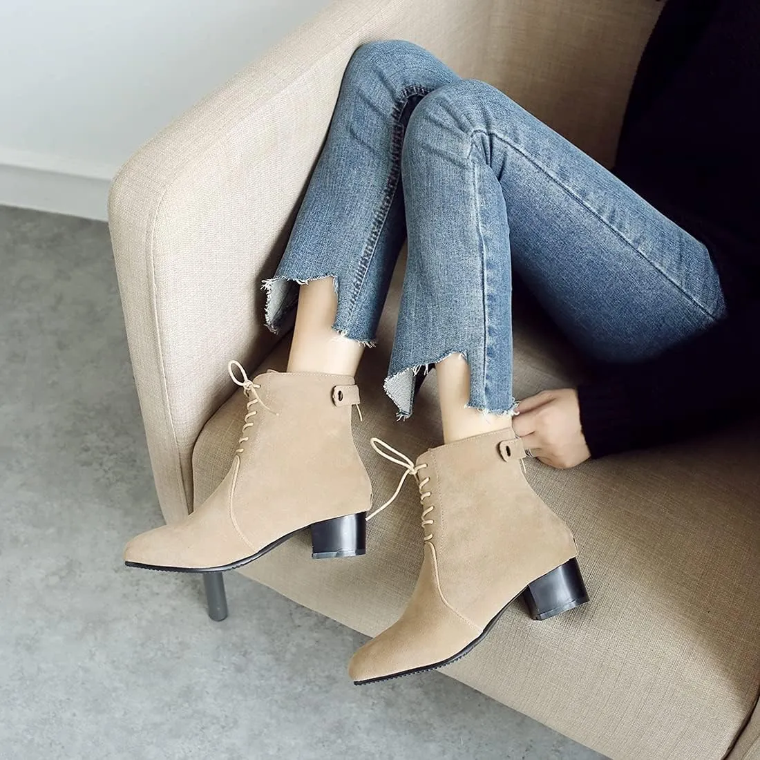 VOKLIN Women's Square Toe Elegant Dressy Ankle Boots Vegan Suede Lace Up Block Low Heel Dress Short Booties