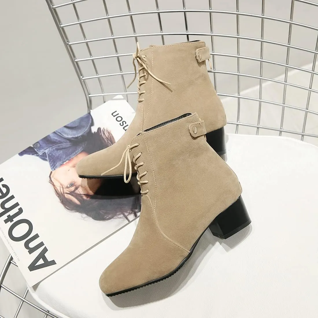 VOKLIN Women's Square Toe Elegant Dressy Ankle Boots Vegan Suede Lace Up Block Low Heel Dress Short Booties