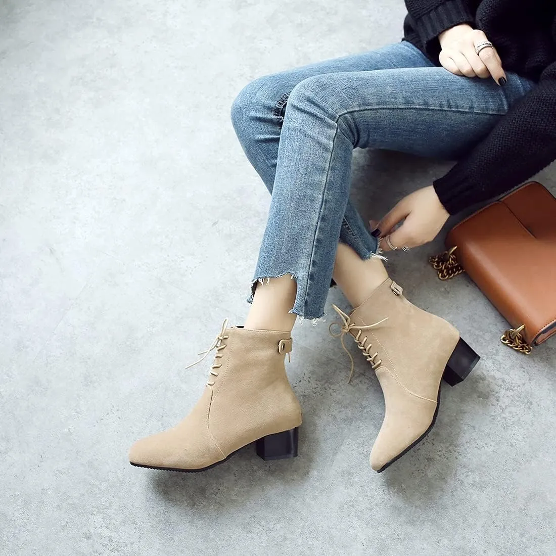 VOKLIN Women's Square Toe Elegant Dressy Ankle Boots Vegan Suede Lace Up Block Low Heel Dress Short Booties