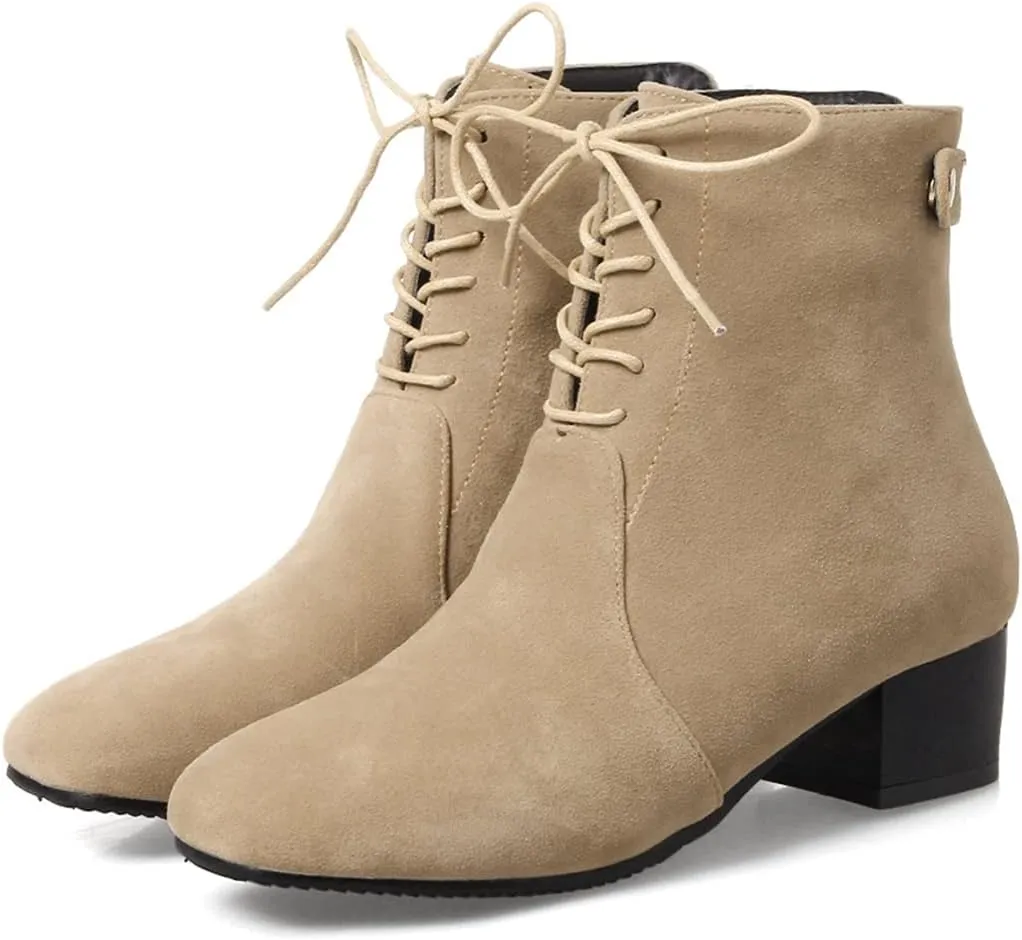 VOKLIN Women's Square Toe Elegant Dressy Ankle Boots Vegan Suede Lace Up Block Low Heel Dress Short Booties