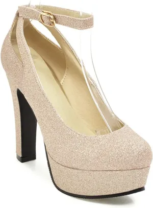 WOilERQ Womens Ankle Strap Evening Platform Pumps Sequins Dress Buckle Round Toe Chunky High Heel Pumps Shoes Fashion Nightclub Party Shoes,Gold,38