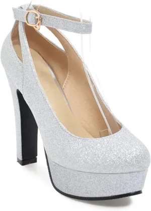 WOilERQ Womens Ankle Strap Evening Platform Pumps Sequins Dress Buckle Round Toe Chunky High Heel Pumps Shoes Fashion Nightclub Party Shoes,Silver,40