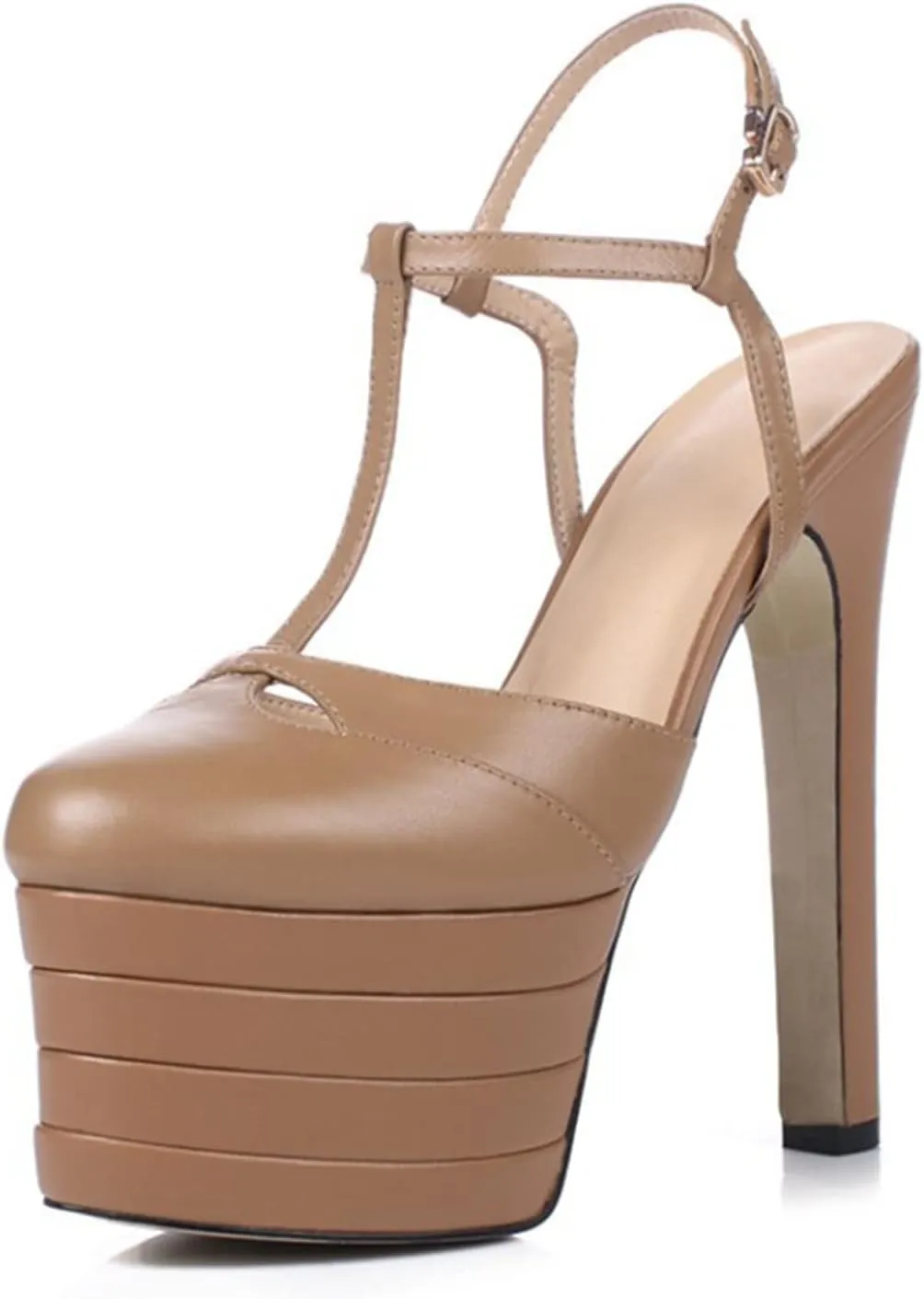 WOilERQ Womens Color Block Platform Heels PU Leather Ankle Strap Buckles Dress Pumps T-Strap Closed Toe Pump Slingback Pole Dance Show Dress Shoes,Brown,9