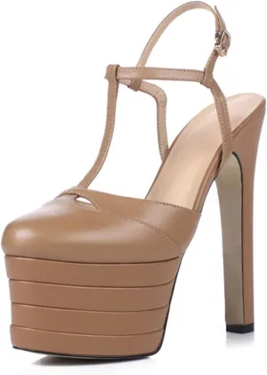WOilERQ Womens Color Block Platform Heels PU Leather Ankle Strap Buckles Dress Pumps T-Strap Closed Toe Pump Slingback Pole Dance Show Dress Shoes,Brown,9