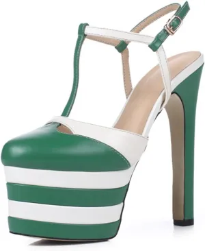 WOilERQ Womens Color Block Platform Heels PU Leather Ankle Strap Buckles Dress Pumps T-Strap Closed Toe Pump Slingback Pole Dance Show Dress Shoes,Green,5.5