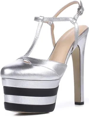 WOilERQ Womens Color Block Platform Heels PU Leather Ankle Strap Buckles Dress Pumps T-Strap Closed Toe Pump Slingback Pole Dance Show Dress Shoes,Silver,7
