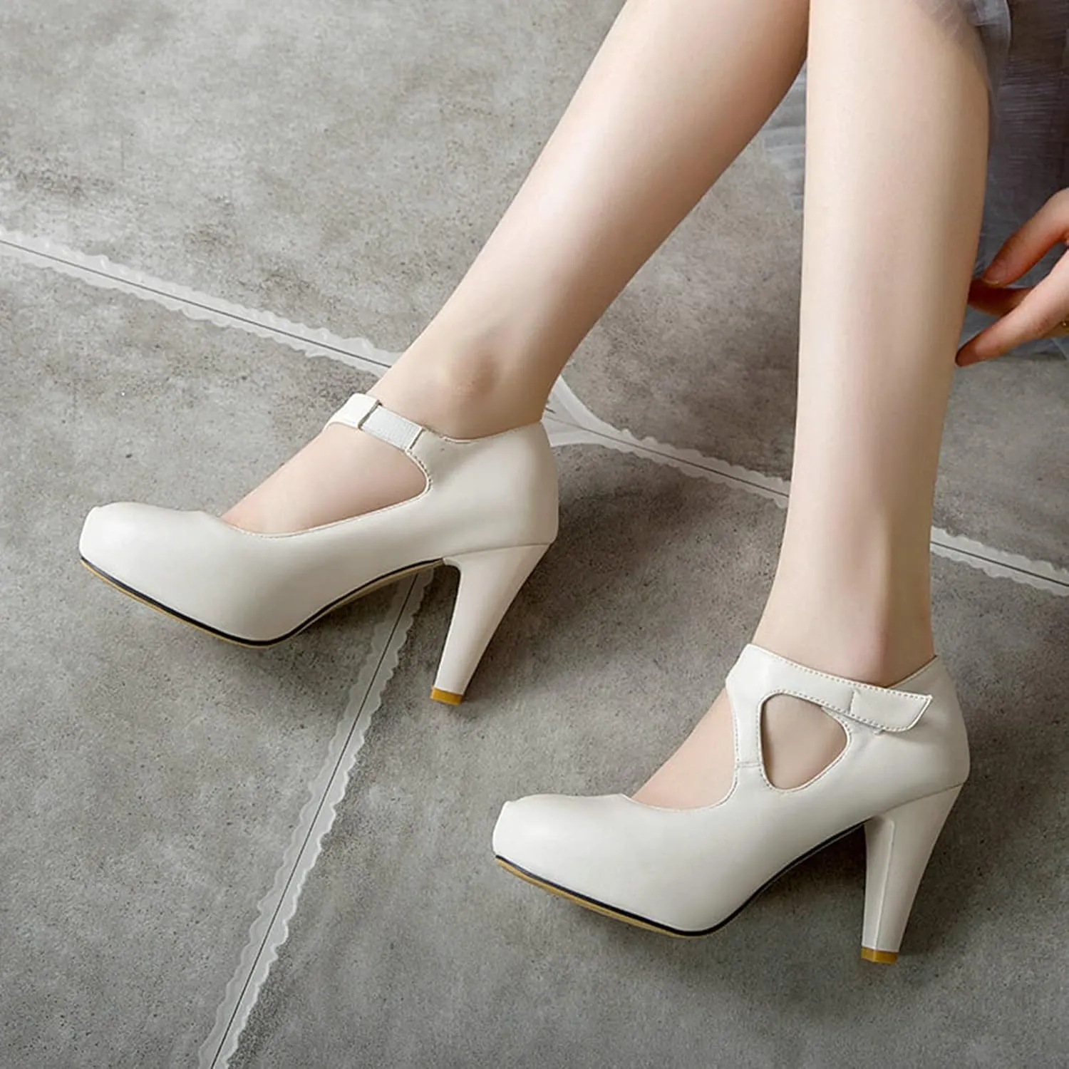 Women Fashion Platform High Heel Dress Shoes Cut Out Hook Loop Leather Casual Round Toe Party Pumps