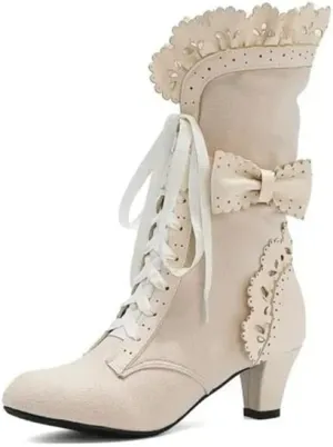 Women Sweet Bow-knot Boots Mid Heels Lace Up Medieval Renaissance Victorian Boots Cosplay Mid-Calf Kawaii Boot with Ruffles Nude Beige Size 9.5