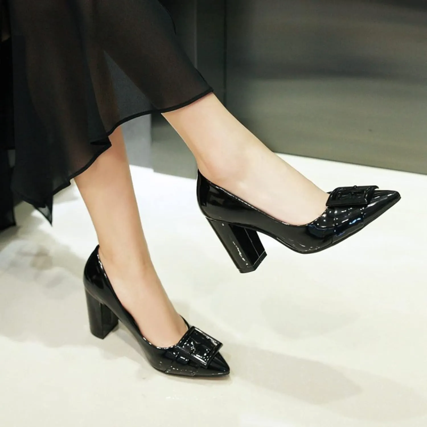 Women's Chunky High Heel Pumps Square Buckle Closed Pointed Toe Slip On Casual PU Leather Dress Shoes