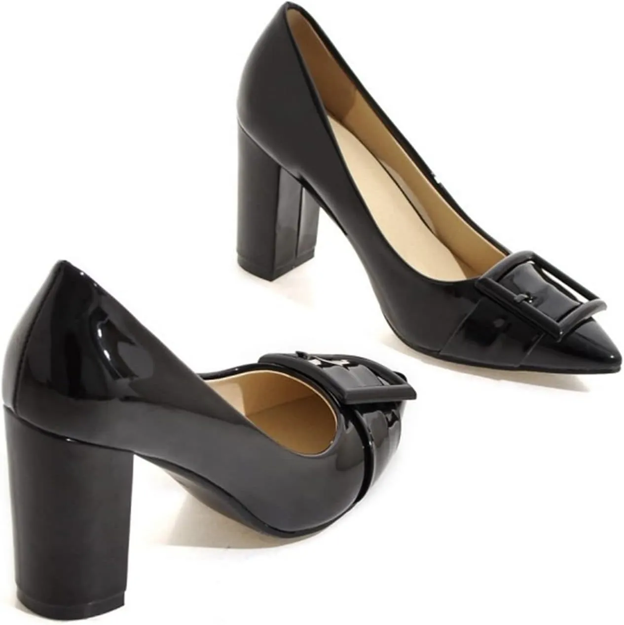 Women's Chunky High Heel Pumps Square Buckle Closed Pointed Toe Slip On Casual PU Leather Dress Shoes
