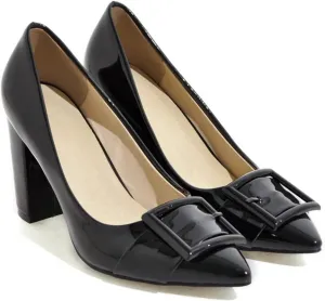 Women's Chunky High Heel Pumps Square Buckle Closed Pointed Toe Slip On Casual PU Leather Dress Shoes