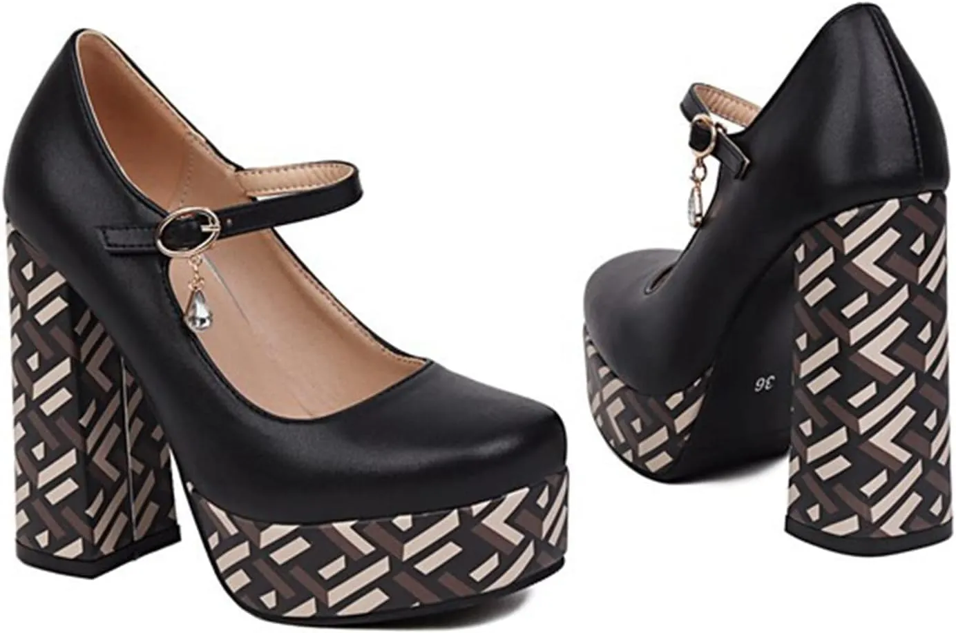 Women's Chunky High Heels Platform Round Toe Mary Jane Pumps Fashion Color Block Sexy Ankle Buckle Comfort Dress Party Shoes