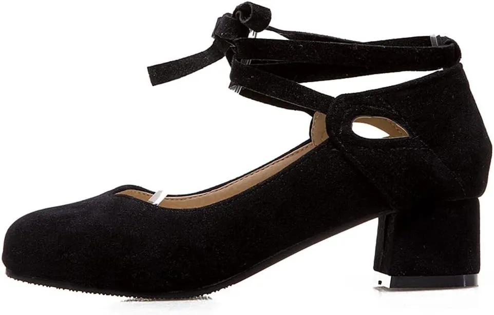 Women's Chunky Mid Block Heel Pumps Suede Square Toe Ankle Strap Comfortable Office Dress Shoes