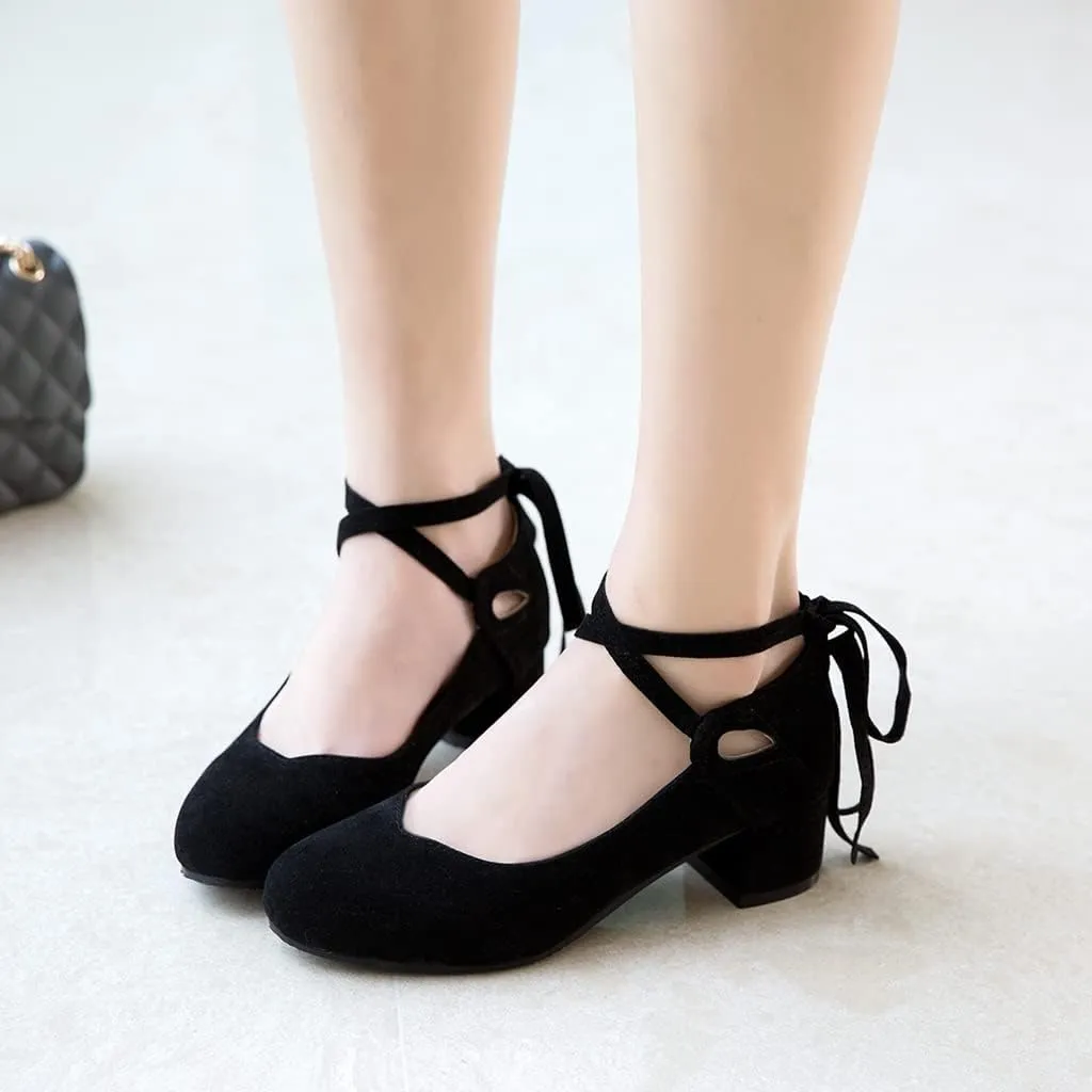 Women's Chunky Mid Block Heel Pumps Suede Square Toe Ankle Strap Comfortable Office Dress Shoes