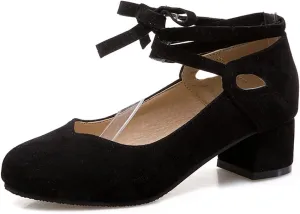 Women's Chunky Mid Block Heel Pumps Suede Square Toe Ankle Strap Comfortable Office Dress Shoes