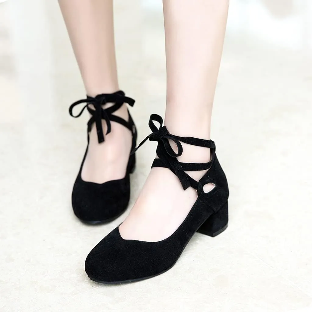 Women's Chunky Mid Block Heel Pumps Suede Square Toe Ankle Strap Comfortable Office Dress Shoes